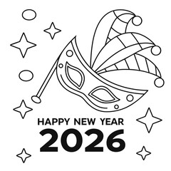 Happy new year 2026 greeting with a masquerade mask and festive stars and circles illustration