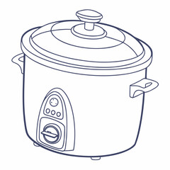 Simple line drawing of a modern electric slow cooker with a lid and control panel isolated on a white background