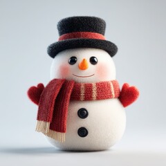 Charming snowman wearing a black hat and red scarf poses cheerfully against a light backdrop in a winter setting
