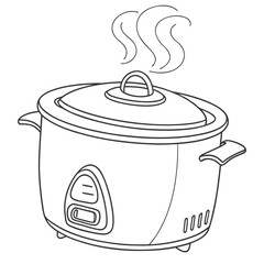 Simple line drawing of a steaming slow cooker with a lid and handles on a white background representing cooking and kitchen appliances
