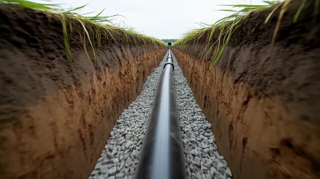 Medium shot capturing piped drainage installation running beneath agricultural field soil to efficiently redirect excess water away from crops.