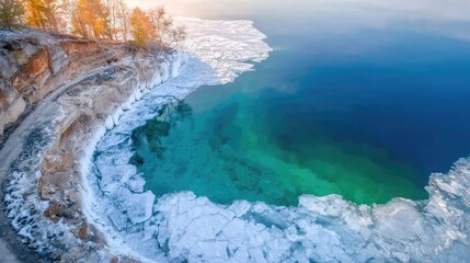 Overhead view of a lake half frozen and half thawed, clear demarcation between seasons, deep textures in the ice vs. reflection on water 