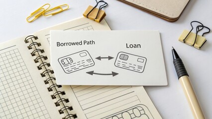 Conceptual illustration of financial paths showing borrowed path and loan with credit cards on a workspace setup