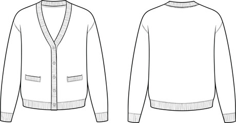 Flat vector cardigan sweater fashion design, front and back technical sketch, V neck button down, ribbed cuffs hem pockets illustration
