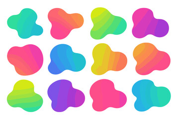 Random amoeba shapes set. Organic y2k neon color blobs of irregular soft shape. Abstract blotch and pebble silhouettes. Simple liquid amorphous gradient splodge forms vector.