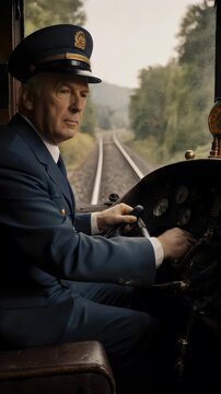 Train driver at the controls looking out the window