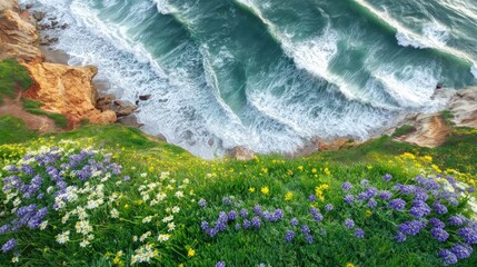 Top-down image of a coastal cliff in spring, wildflowers blooming near the edge, waves crashing below, vibrant seasonal colors 