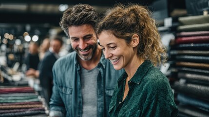 A happy couple is shopping together, smiling as they browse through fabrics in a store with shelves filled with colorful textiles.