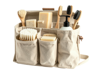 Beige canvas bag filled with natural cleaning products