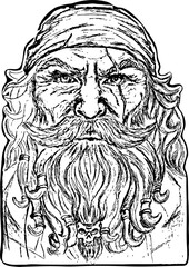 
Hand Drawn  Vintage Black Ink Sketch Pirate Portrait with Rugged Expression.Detailed black and white illustration of an old pirate with long beard, mustache, headscarf, and skull decoration in hair