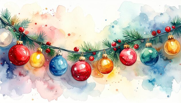 Watercolor illustration christmas garland. Generative AI. Festive season decoration hand painted xmas wreath image for holiday card printable art.