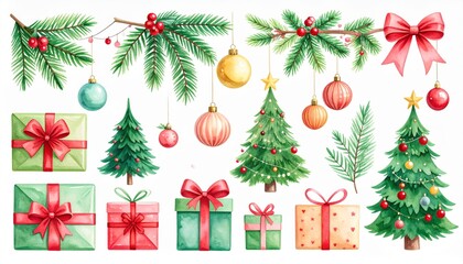 Watercolor Christmas set with fir branches balls gifts garlands and bow. Festive xmas clip art holiday ornament present ribbon wreath for card making.