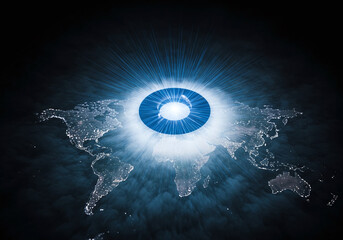 Glowing Blue Eye Symbol Over World Map Global Data Concept