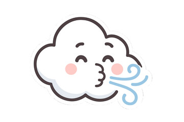 Cute cloud blowing wind. Kawaii weather emoticon vector. Windy day cartoon character. Fresh air breeze icon. Meteorology symbol sticker. Puffy mascot illustration concept.
