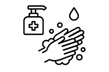 Hand washing icon for hygiene and virus prevention. Vector illustration of hands with soap, water, and sanitizer. Disinfection and antibacterial concept for health care.