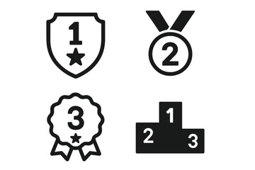 Award ranking icon set. First, second, and third place symbols. Winner podium, medal, shield, and prize ribbon icons. Competition achievement and success vector collection.
