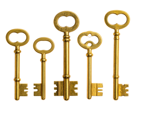 Five antique gold keys