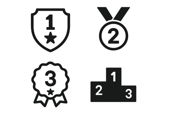 Award ranking icon set. First, second, and third place symbols. Winner podium, medal, shield, and prize ribbon icons. Competition achievement and success vector collection.
