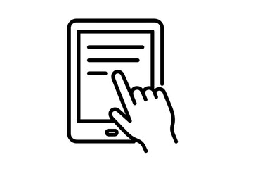 Hand clicking portable tablet device. Finger touching screen. Online education, e-learning, digital library, ebook reading. Modern thin line vector icon for app & web.