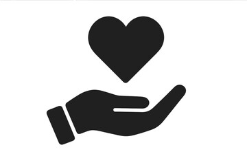 Hand offering heart icon. Vector flat glyph illustration for donation, help, charity, philanthropy, love, passion, kindness, and peace. Symbol of support, hope, and care.