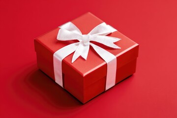 Obraz premium Square red gift box with white ribbon and bow on matching red background