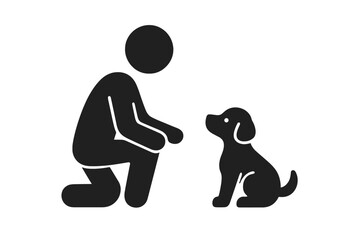 Person with dog icon. Pet adoption and animal shelter concept. Man training a puppy silhouette. Friendship between human and dog. Vector pictogram for veterinarian or pet care.
