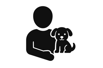 Man holding a puppy silhouette. Pet adoption and animal care concept. Person with small dog icon. Veterinary, pet shelter, dog training, and friendship symbol. Love and help.