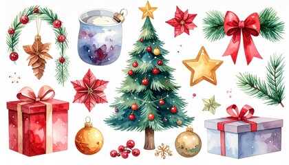 Set of christmas watercolor elements. Holidays clipart for christmas card sticker and print. Festive winter graphic xmas decoration image for diy project greeting design.