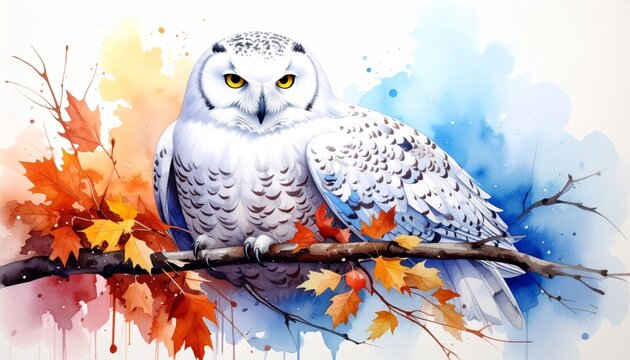 Snowy owl perched on autumn branch with colorful leaves and a watercolor style background. Bird art fall scene vibrant foliage painted backdrop.