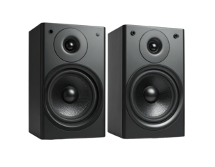 Two black speakers, side-by-side, showing off their drivers