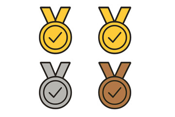 Gold, silver, bronze medal with check mark icon set. Vector awards for ranking. Winner, champion, first place prize. Quality guarantee, approved certification badge symbol.
