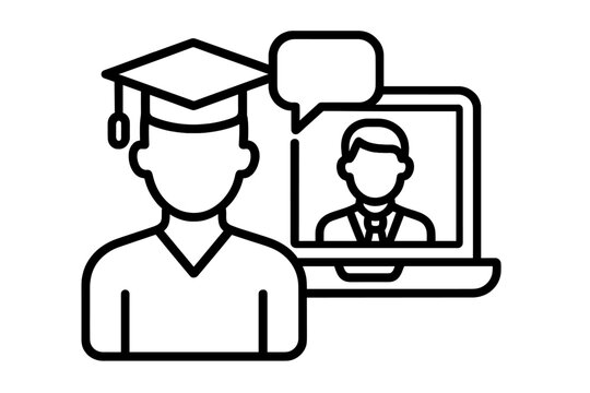 Online education icon with student wearing graduation cap in a video call webinar with a teacher. E-learning, distance learning, and virtual mentoring concept. Vector outline.