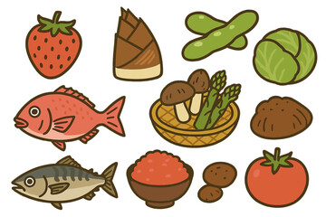 Japanese seasonal food vector icon set. Cute cartoon illustrations of fresh spring and summer ingredients. A collection of seafood, fish, vegetables, fruits for healthy cooking.