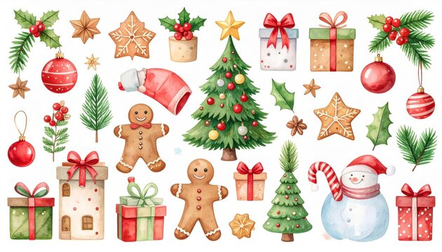 Set of christmas watercolor elements. Holidays clipart for christmas card sticker and print. Festive winter graphic xmas decor image for diy project greeting design.