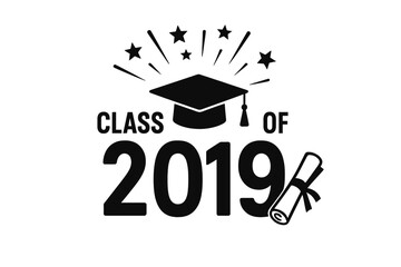 Class of 2019 graduation congratulations design. Vector logo with mortarboard cap, diploma scroll, and stars. Academic achievement icon for grad party, prom, or convocation.