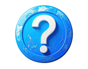 A stylized, 3D question mark icon on a textured blue circular button