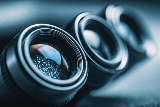 Close-up of three cylindrical camera lenses with reflective interior light and blurred background