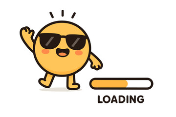 Cute smiling round character in sunglasses waving hand, summer announcement, loading bar progress indicator, cheerful cartoon emoticon vector illustration, fun mood