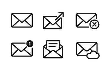 Email icon set with editable stroke. Mail message collection in line art style. Send, delete, spam, new notification, inbox, and cloud mail symbols for web and app UI.