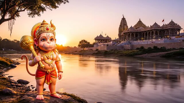 hanuman hindu deity by river temple sunset glow