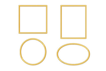 Charity line art icon set with transparent background, simple gold frames in round, oval, and square shapes, minimalistic vector illustration for social causes and donations