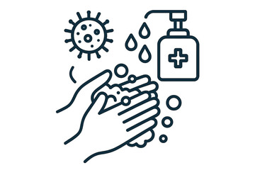 Hand washing for coronavirus prevention. Vector line icon of hands with soap and water. Hygiene concept illustration for stopping covid-19. Disinfection and antibacterial safety.