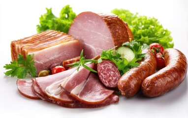 Assortment of cured meats, sausages, and greens arranged on white surface