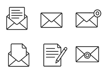 Mail icon set. Vector line art collection of email and letter symbols. Outline pictograms for communication, contact, and messaging. Open envelope, new message, and write icons.
