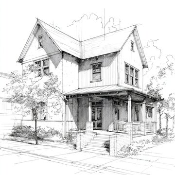 Detailed architectural sketch of a two-story house with a front porch