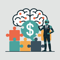 Business Robot with Brain Puzzle and Dollar Symbol for Financial Intelligence Illustration