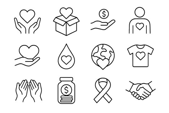 Charity and support icons set with heart symbols, donation hands, fundraising concepts, awareness ribbon, global love, and handshake vector illustration for social causes and kindness