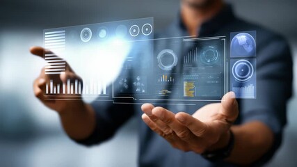 Person uses advanced holographic screen with interactive graphs, statistics, digital dashboards. Highlights future technology trends, smart data visualization in business environments - Powered by Adobe