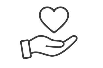 Hand holding heart line icon. Vector symbol of love, charity, health, and compassion. Concept for donation, volunteering, romance, and support. Minimalist outline pictogram.