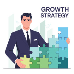 Businessman Building Puzzle Pieces for Growth Strategy Illustration